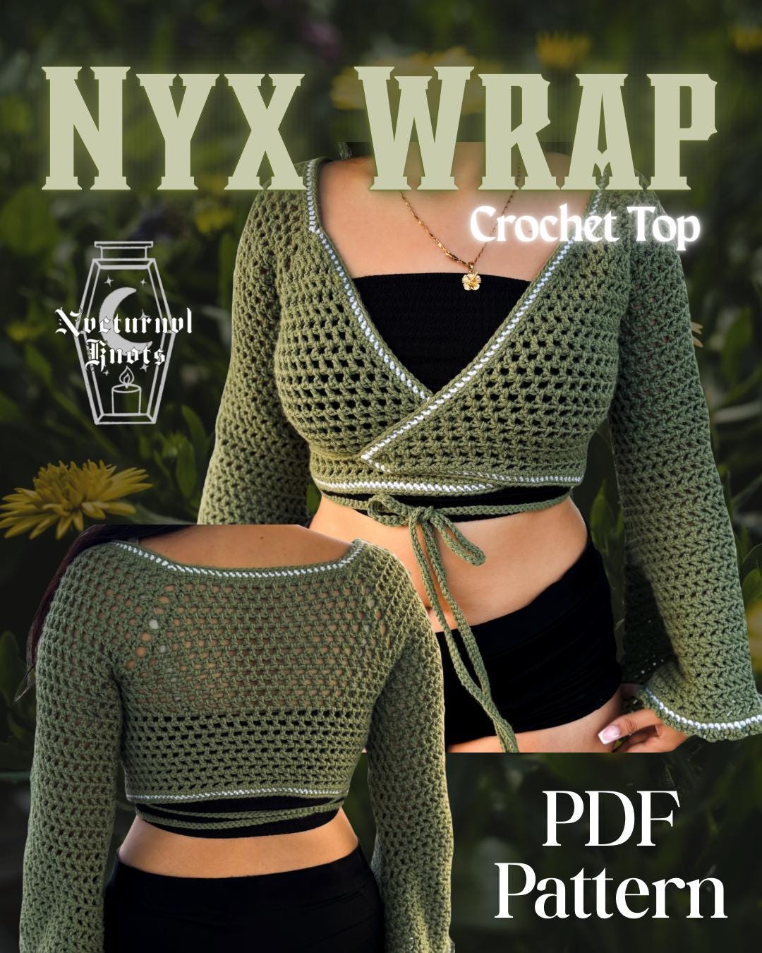 Nyx Crochet Wrap Pattern, No-Sew Top-Down: Bell Sleeve Top, Custom Size XS-6XL (PDF Pattern)